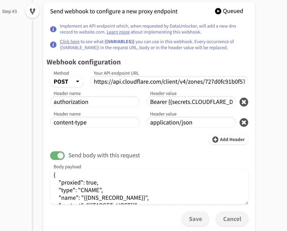 Configured webhook step example for CloudFlare