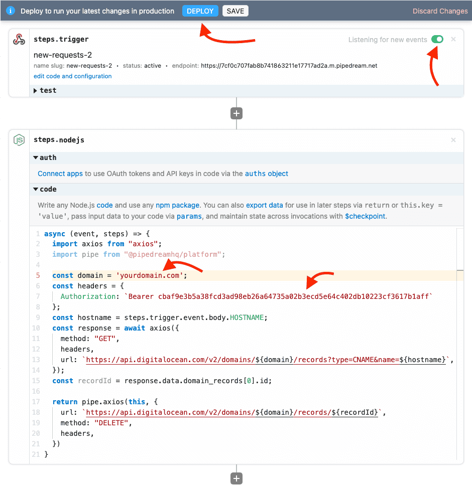Configured webhook deletion step example